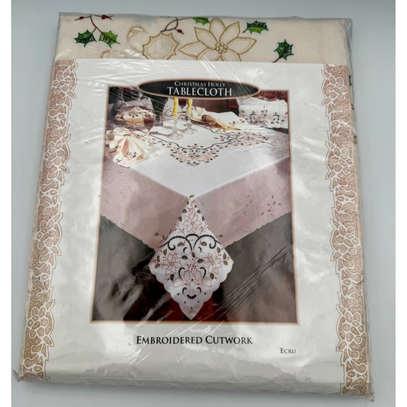 Other - Vtg 1995 Christmas Holly Tablecloth 66x84 Oblong NIP Embroidered Cutwork Ecru